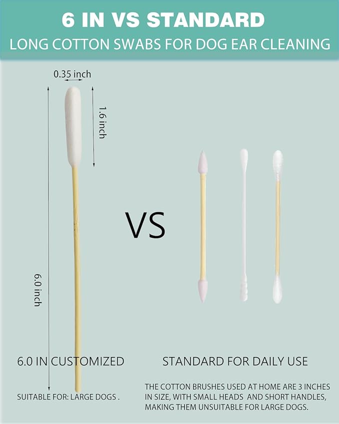Dog Ear Swabs 200 Count - 6 Inch Long Cotton Swabs for Dogs, Large Bamboo Pet Ear Cleaning Swabs | Sturdy, Gentle, Lint-Free Applicator for Tear Stains, Nose Folds & Daily Grooming Care