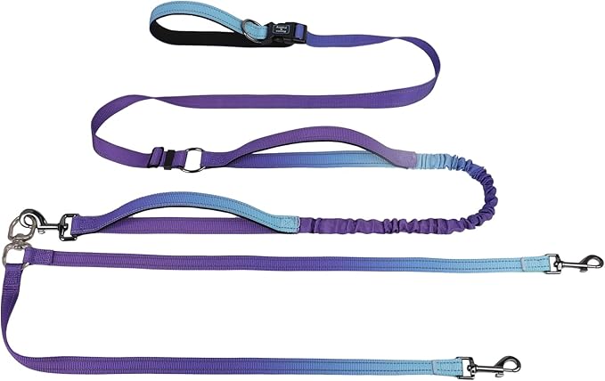 Roses&Poetry Hands Free Double Dog Leash for Two Dogs, 9-11ft Adjustable Bungee Walking Waist Lead, Dual Dog Leash with Tangle-Free Swivel for Medium Large Dogs Heavy Duty Running(Violet)