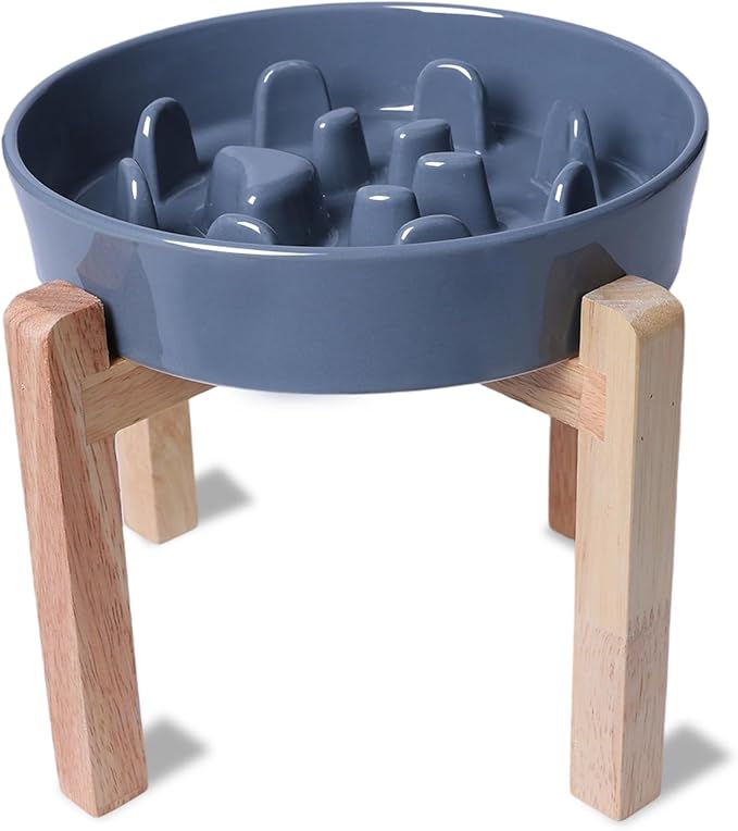 Dog Slow Feeder Bowl with Stand, Round Ceramic Pet Food Bowl for Medium Breed, Fun Raised Dog Bowls to Slow Down Eating (Grey)