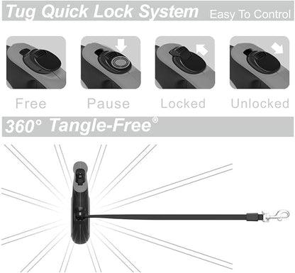 TUG 360° Tangle-Free Retractable Dog Leash with Anti-Slip Handle | 16 ft Strong Nylon Tape| One-Handed Brake, Pause, Lock (Medium, Grey)