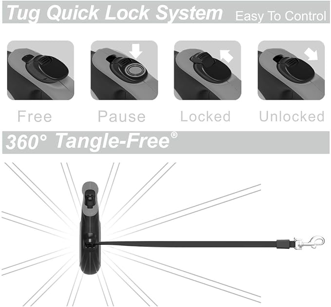 TUG 360° Tangle-Free Retractable Dog Leash with Anti-Slip Handle | 16 ft Strong Nylon Tape | One-Handed Brake, Pause, Lock (Small, Grey)
