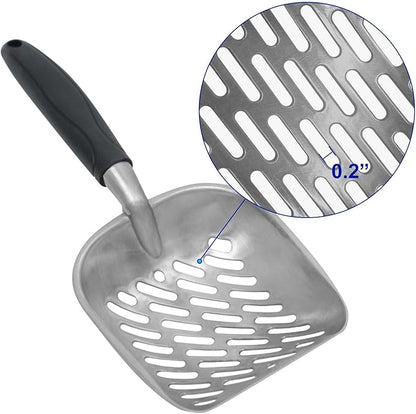 Cat Litter Scoop, Aluminum Alloy Sifter, Durable Metal Poop Scooper with Deep Shovel and Diagonal Holes, Long Ergonomic Handle, Black Handle for Easy Cleaning