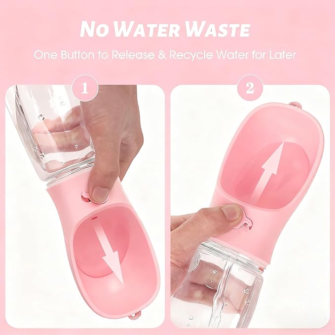 2-in-1 Dog Water Bottle with Food Container - 10oz Leak-Proof Travel Water Dispenser, Travel Water Bowl for Cats, Dogs, and Puppies - Essential for Walks, Hikes, and Travel (Pink)