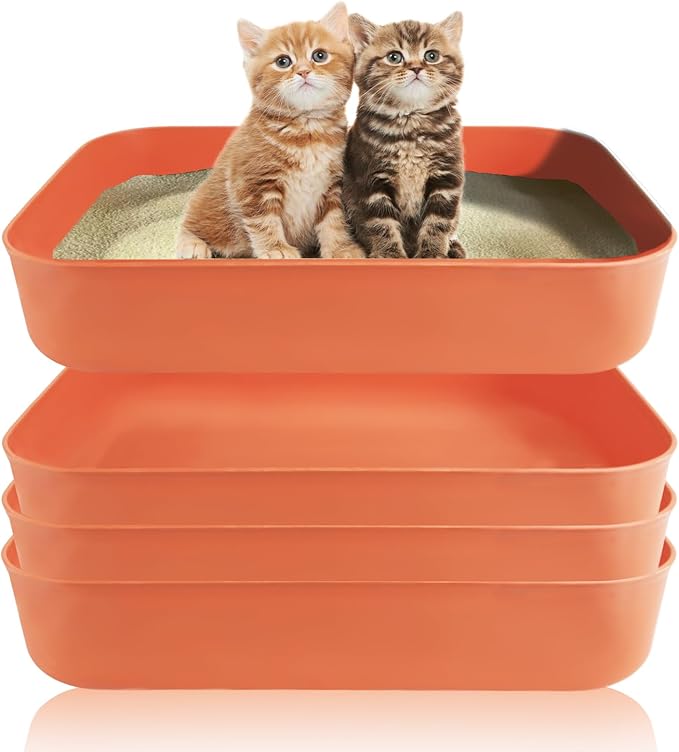 Small Litter Box, Plastic Kitten Litter Box, 13.9 x 9.8 x 3 Inch Open Litter Box for Small Pet, Easy to Clean (Orange 4PCS)