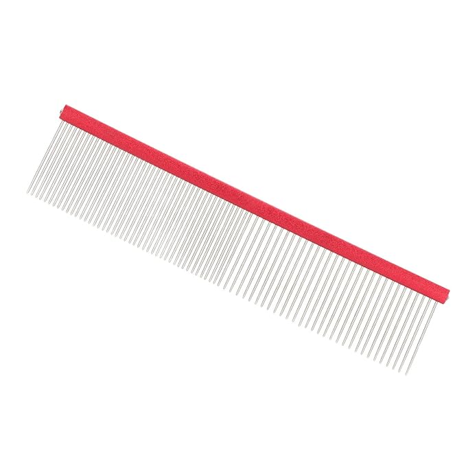 Dog Comb, 2-in-1 Stainless Steel Rounded Ends Dog Grooming Comb Pet Comb with Two Different Densities of Steel Teeth for Grooming Matting, Red