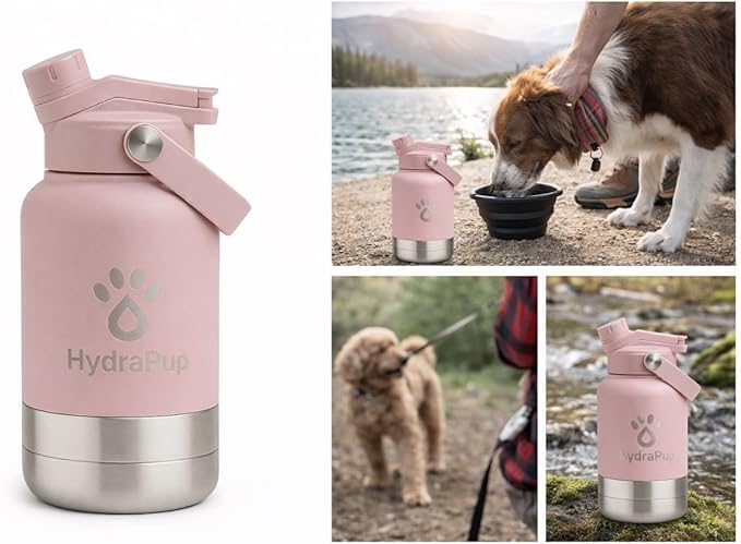 32oz Insulated Water Bottle with Dog Bowls – Human & Pet Shared Use, Stainless Steel Leakproof Travel Bottle (Rose Pink)