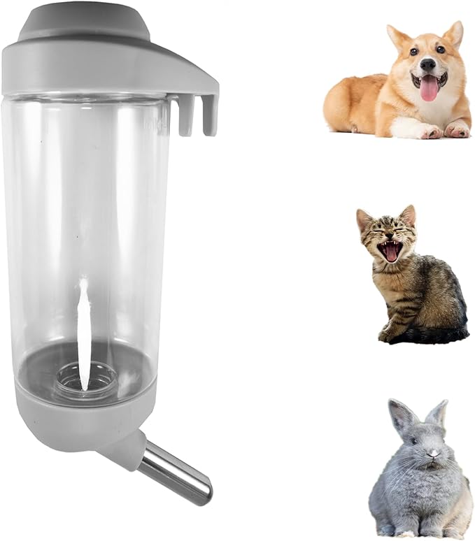 Dog Crate Water Bottle - 17 oz No Drip Kennel Pet Water Dispenser, Easy-to-Use Cage Water Bottle for Dogs, Cats, Small Animals, 500ML, Grey