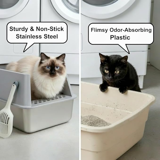 XL Stainless Steel Litter Box 2 Pack, 24x16x12 Inches Extra Large High Sided Metal Cat Litter Box with Lid, Easy Clean, Non Stick & No Smell