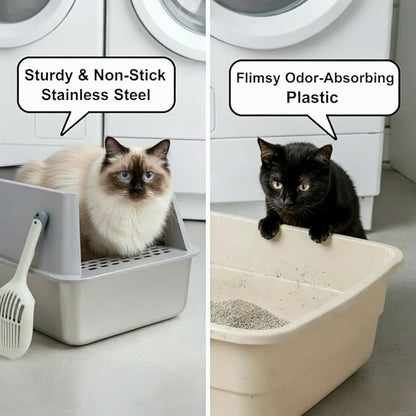 XL Stainless Steel Litter Box 2 Pack, 24x16x12 Inches Extra Large High Sided Metal Cat Litter Box with Lid, Easy Clean, Non Stick & No Smell