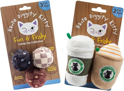 Vuiton Checker Balls + Meowbucks Catpuccino Set, Plush Cat Toys Catnip Filled with Interactive Crackle Sound, Safe & Durable Toys for Cat & Kitten, 5 Pcs