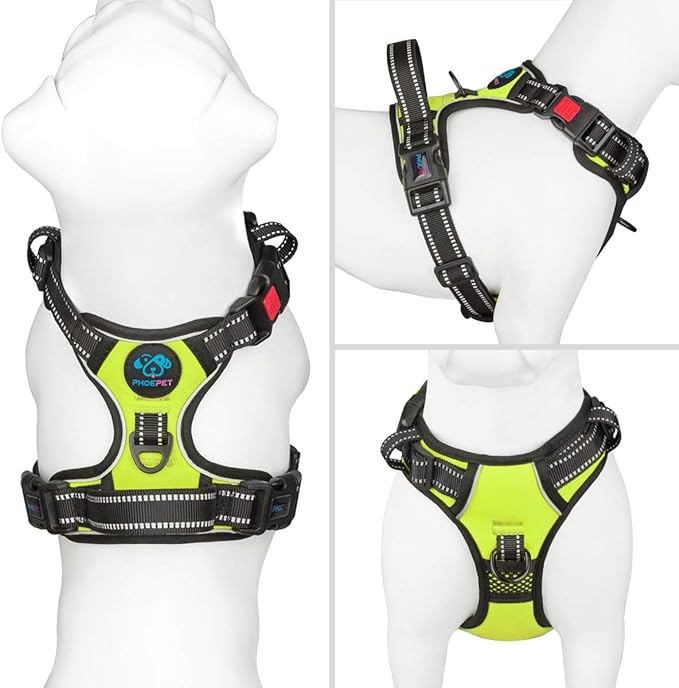 PHOEPET No Pull Dog Harnesses for Small Dogs Reflective Adjustable Front Clip Vest with Handle 2 Metal Rings 3 Buckles [Easy to Put on & Take Off](S, Green)