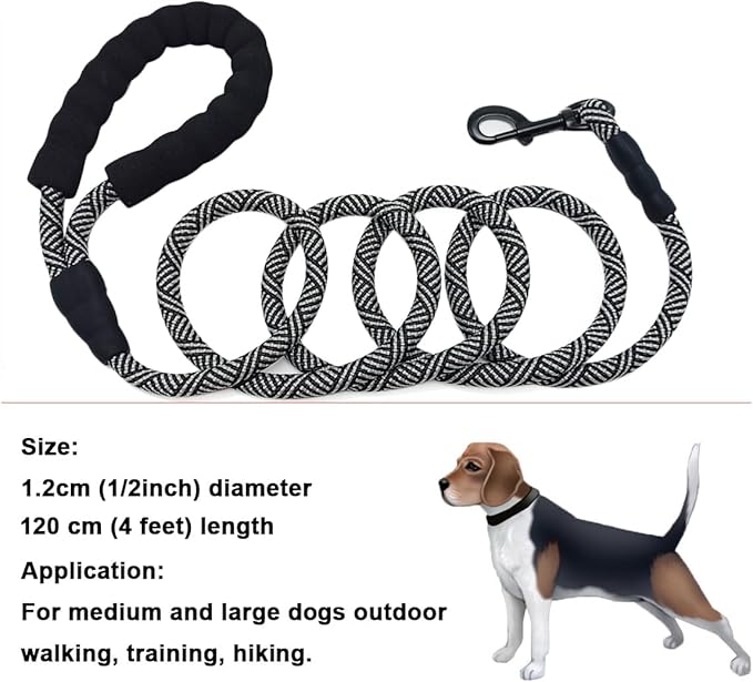 MayPaw Heavy Duty Rope Dog Leash, 3/4/5/6/7/8/10/12/15/20/30 FT Nylon Pet Leash, Soft Padded Handle Thick Lead Leashes for Large Medium Dogs (Black, 1/2" * 4')