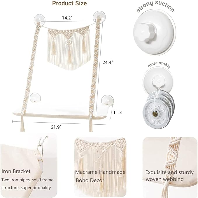 Dahey Macrame Cat Window Perch Boho Cat Hammock Wall Mounted Pet Resting Seat Bed for Indoor Cats Space Saving kitty Sunny Swing Shelf on Window Safety Holds up to 45 lbs with Screw Suction Cups, Gift