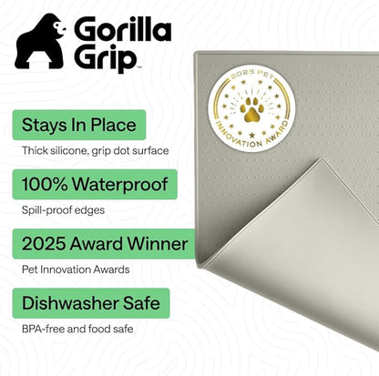 GORILLA GRIP 100% Waterproof Raised Edge BPA Free Silicone Pet Feeding Mat, Dog Cat Food Mats Contain Spills Protects Floors, Placemats for Cats, Dogs Water Bowl, Pets Accessories 32x24 Light Gray
