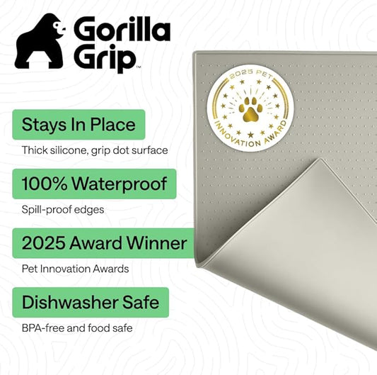 GORILLA GRIP 100% Waterproof Raised Edge BPA Free Silicone Pet Feeding Mat, Dog Cat Food Mats Contain Spills Protects Floors, Placemats for Cats, Dogs Water Bowl, Pets Accessories 32x24 Light Gray