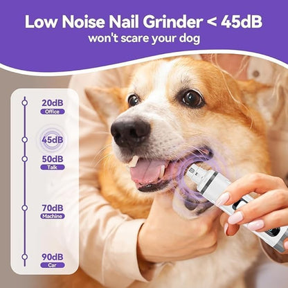 Dog Nail Grinder Quiet- Ultra-Quiet Dog & Cat Nail Grinder with LED Light & Battery Display & Upgrade Grinding Head - Painless Nail Trimmer for Small to Large Pets, Thick Nails, and Sensitive Paws