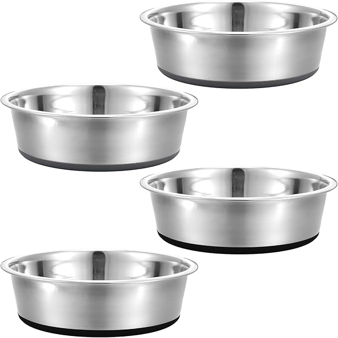 4 Cup Stainless Steel Dog Bowls Set of 4 for Food and Water, Silicone Base Anti-Slip, Rust Resistant, Extra Thick Metal Dog Bowl for Small Dogs, 30oz
