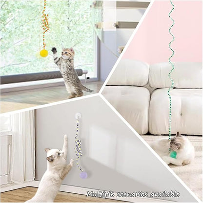La La Pet®Retractable Cat Teaser Toy Cat Toys for Indoor Self Play 3 Pack Interactive Cat Feather Toy Hanging Spring Cat Toys Cat Teaser Suction Cup with Bell and Plush Ball Kitten Exercise Toys