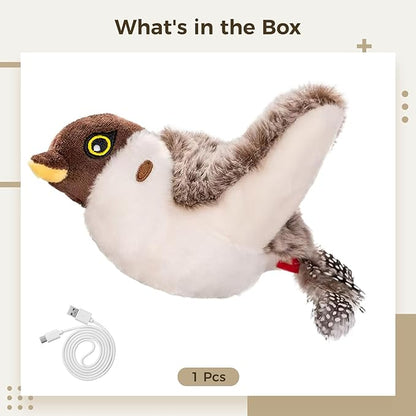 Flapping Bird Cat Toy, Realistic Sparrow Design for Indoor Cats, USB Rechargeable, Bird Sounds, Feather Tail, Plush Embroidered Details for Cats and Dogs