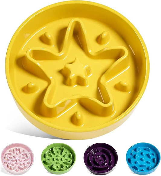 LE TAUCI Slow Feeder Dog Bowls Ceramic, 1.5 Cups Dog Food Bowl, Puppy Slow Feeder Dish for Fast Eaters, Star Yellow