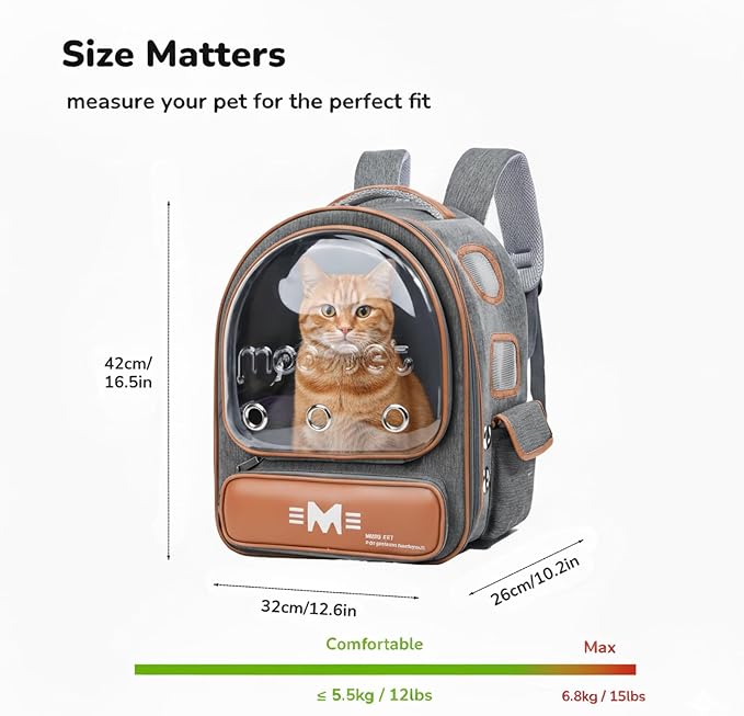 Cat Bubble Backpack Carrier, Clear Pet Bag for Cats and Small Dogs up to 20 Lbs, Great for Outdoor Hiking Camping (Grey Orange)