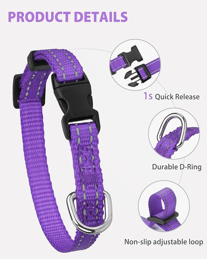 Joytale Puppy Collar, Feather-Light Double-Sided Reflective Nylon Collar for Night Safety, Adjustable Quick-Release for Extra Small Dogs, Purple, XS (3/8" Width)