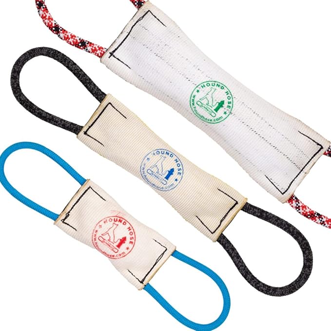 Rock-N-Rescue Hound Hose Firehose Dog Toy - Interactive Training Tug Rope from Durable Recycled Fire Hose. Indoor Outdoor Fetch Toy, Small with Rescue Rope Handles