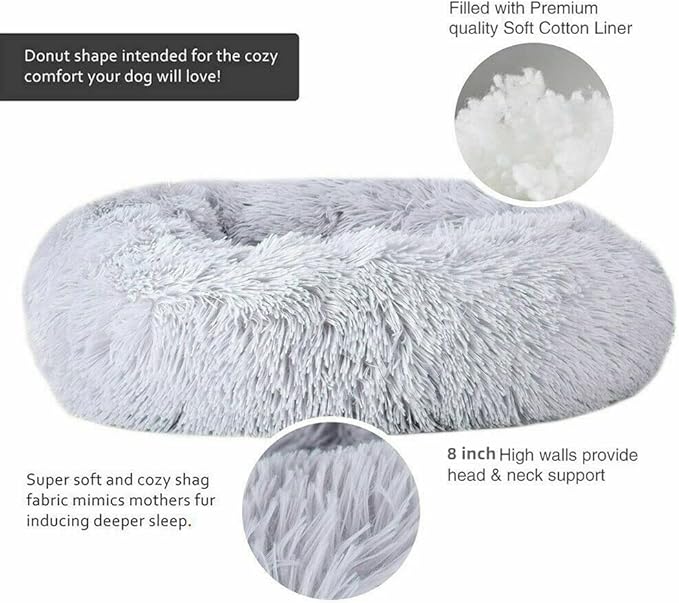 Original Calming Donut Dog and Cat Bed in Shag Fur, Dog Beds for Large Dogs, Anti Anxiety Round Fluffy Plush Faux Fur Pet Bed (40'' x 40'')