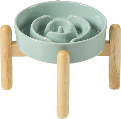 Ceramic 0.9 Cup Raised Dog Slow Feeder Set, Elevated Bowl with Wooden Stand for Small Dog and Cat, 6.1inch Puzzle Slow Dog Food Dish, Anti-Gulping(Light Green, Single Bowl+ Stand)