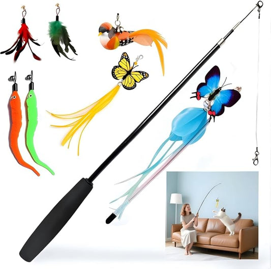 Cat Toy Set 11PCS: Interactive Bird Toys for Indoor Kittens & Cat Teaser Wand, 39" Fishing Pole + 18.5" Short Telescopic Wand, 2 Wires, 6 Feather & 1 Bird Toy – EVA Handles, Exercising, Playing