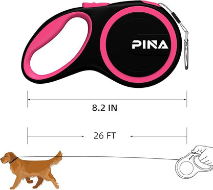 PINA Retractable Dog Leash, 26ft Dog Leash for Small Medium Large Dogs Up to 110lbs, 360° Tangle-Free Strong Reflective Nylon Tape, with Anti-Slip Handle, One-Handed Brake, Lock - 2PACK