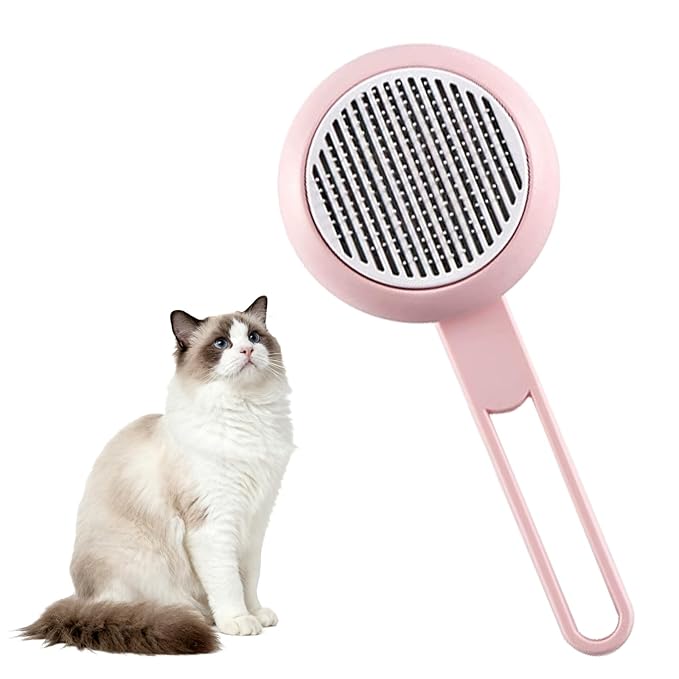 Pet Self-Cleaning Slicker Brush for Dogs & Cats, Deshedding Comb, Removes Loose Hair & Mats, Skin-Friendly Tool for Long/Short Fur, All Breeds (Pink)