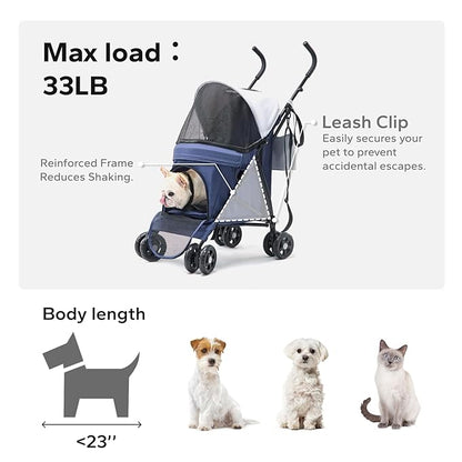 Lightweight 10 lbs Foldable Pet Stroller for Small Dogs & Cats, Easy-Fold Compact, with Adjustable Sun Canopy, Cup Holder, Breathable Mesh, Pad & Storage Bag, Holds 33 lbs, Blue Gray