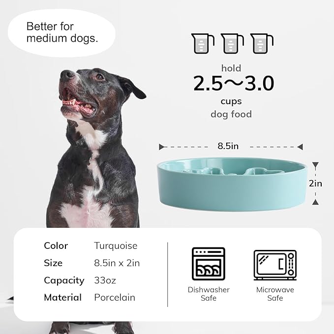 Slow Feeder,Ceramic-Slow Feeder Dog Bowls Medium Breed,Puzzle Food Bowl Maze,2.5 Cups Slow Feed Dog Bowl for Medium Dogs,Turquoise