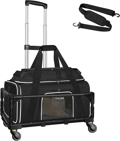 Petskd Top-Expandable Small Pet Carrier with Wheels (17" L x 12" W x 8.5" H), JetBlue/Allegiant/Spirit Airlines Approved, Rolling Pet Carrier for Small Dogs & Cats (Black)
