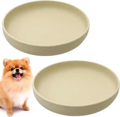 Silicone Dog Bowl Set of 2 Flat Puppy Food & Water Dish Less Mess Cat Dry Food Plates with Suction Cup Non-Tippable Feeding Bowls for Small & Medium-Sized Pets (Round Beige)