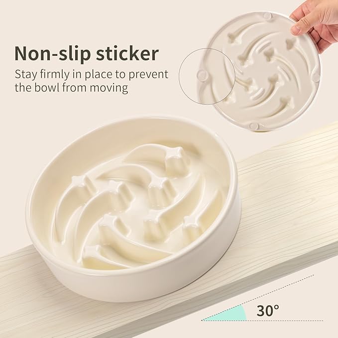 8.26 in Milk White Dog Bowl Slow Feeder Ceramic for Medium and Large Breed,Pet Feeding Dog Food Water Dish Heavy Weighted,Puppy Bowl for Fast Eaters,Puzzle Slow Eating Dish Modern Maze Meteor