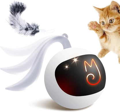 Migipaws Interactive Cat Ball Toy Set, Fun Tracker, Automatic Rolling Chase Ball with Fluffy Tail, A Small Mice, Rechargeable (White)