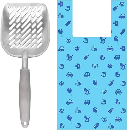 SunGrow Cat Litter Scoop and Bag Combo, Stainless Steel Deep Shovel, 60 Plastic Poop Bags with Easy-Tie Handles, Ideal for Felines & Dogs, 1 Set Per Pack