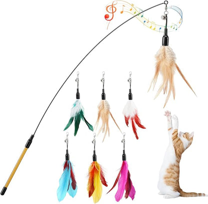 Pawaboo Feather Teaser Cat Toy, Interactive Wands Cats Toy Flying Feathers Cat Catcher with Extra Long 34.5" Wand and Small Bell, Playing Toys, 1 Wand + 6 Feathers, Multi-Color Feather Blend
