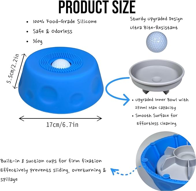 Silicone Lick Bowl for Dogs with Suction Cup, Anti-Slip Slow Feeder, Upgraded Chew-Resistant Ball & Anti-Disassembly Design, 250ml Capacity, Dishwasher Safe, for Small Medium Large Pets (1,Blue)