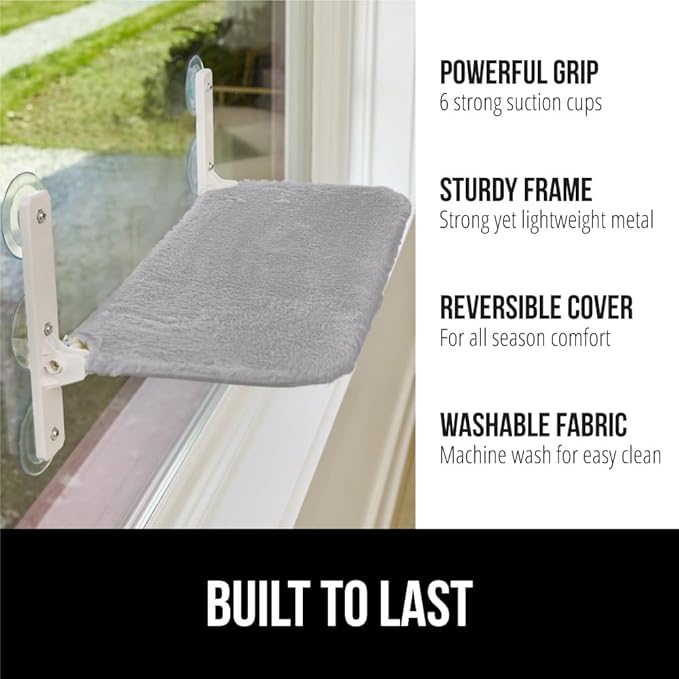 GORILLA GRIP Cat Window Perch, Foldable Cat Window Hammock Bed with 6 Large Suction Cups, Cordless Indoor Wall Shelves, Strong Metal Frame Holds 40lbs, Reversible Washable Sherpa Cover, Large Gray