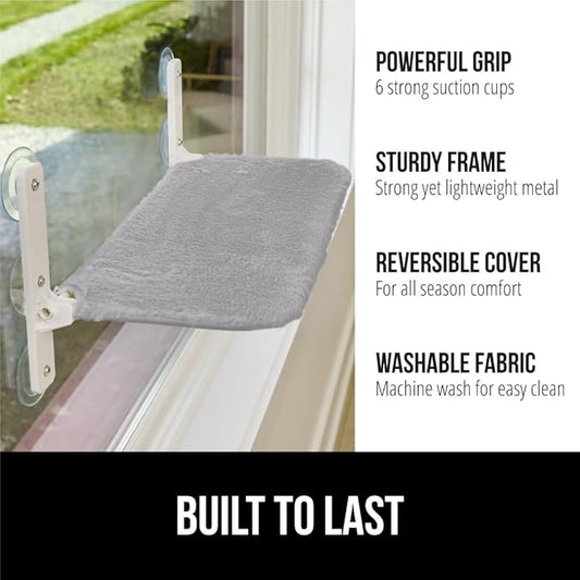 GORILLA GRIP Cat Window Perch, Foldable Cat Window Hammock Bed with 6 Large Suction Cups, Cordless Indoor Wall Shelves, Strong Metal Frame Holds 40lbs, Reversible Washable Sherpa Cover, Large Gray