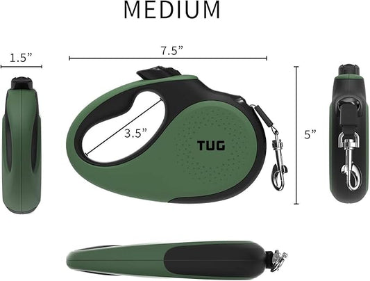 TUG 360° Tangle-Free Retractable Dog Leash with Anti-Slip Handle | 16 ft Strong Nylon Tape | One-Handed Brake, Pause, Lock (Medium, Green)