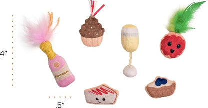 Catstages Purrsecco & Cupcakes Cat Toys, 6-Pack Catnip Toys with Feathers, Crinkle & Mesh, Multicolored