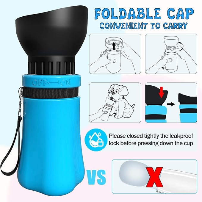 Linkidea Portable Dog Water Bottle, 17oz, Fits Car Cup Holder, Leakproof, Collapsible, Blue