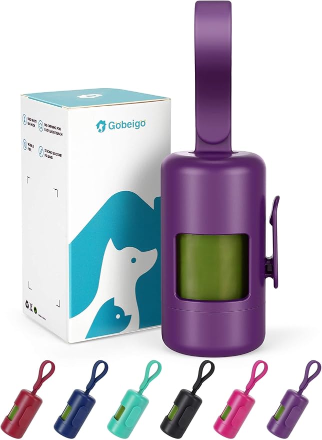 Gobeigo Dog Poop Bag Holder【Convenient Hook for Used Bags】【Silicone Strap Fits Any Leash】【Large Opening for Easy Dispensing】with 1 Roll Waste Bags (Purple)