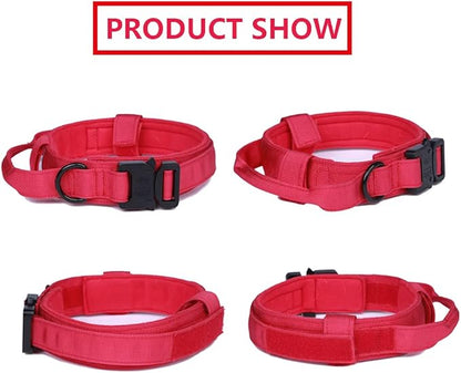 Xqpetlihai Tactical Dog Collar and Leash Set Adjustable Military Nylon Dog Collar with Control Handle and Heavy Duty Metal Buckle for Large Dogs（Red L