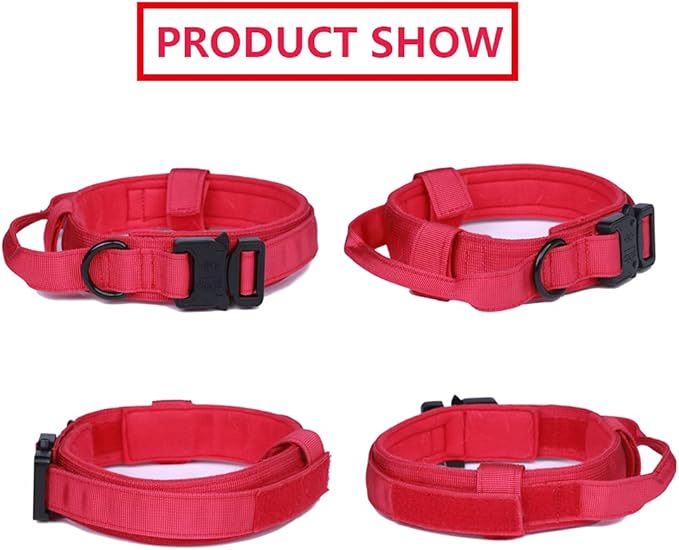 Xqpetlihai Tactical Dog Collar and Leash Set Adjustable Military Nylon Dog Collar with Control Handle and Heavy Duty Metal Buckle for Large Dogs（Red M