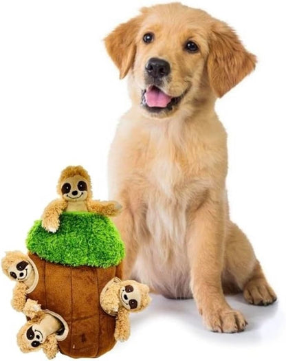 Glow Pups Hide and Seek Dog Toy, Sloth Dog Toy, Plush Squeaky Burrow Tree for Dogs, Interactive Puzzle for Mental Stimulation, Woodland Style, Medium Size, Set of 4